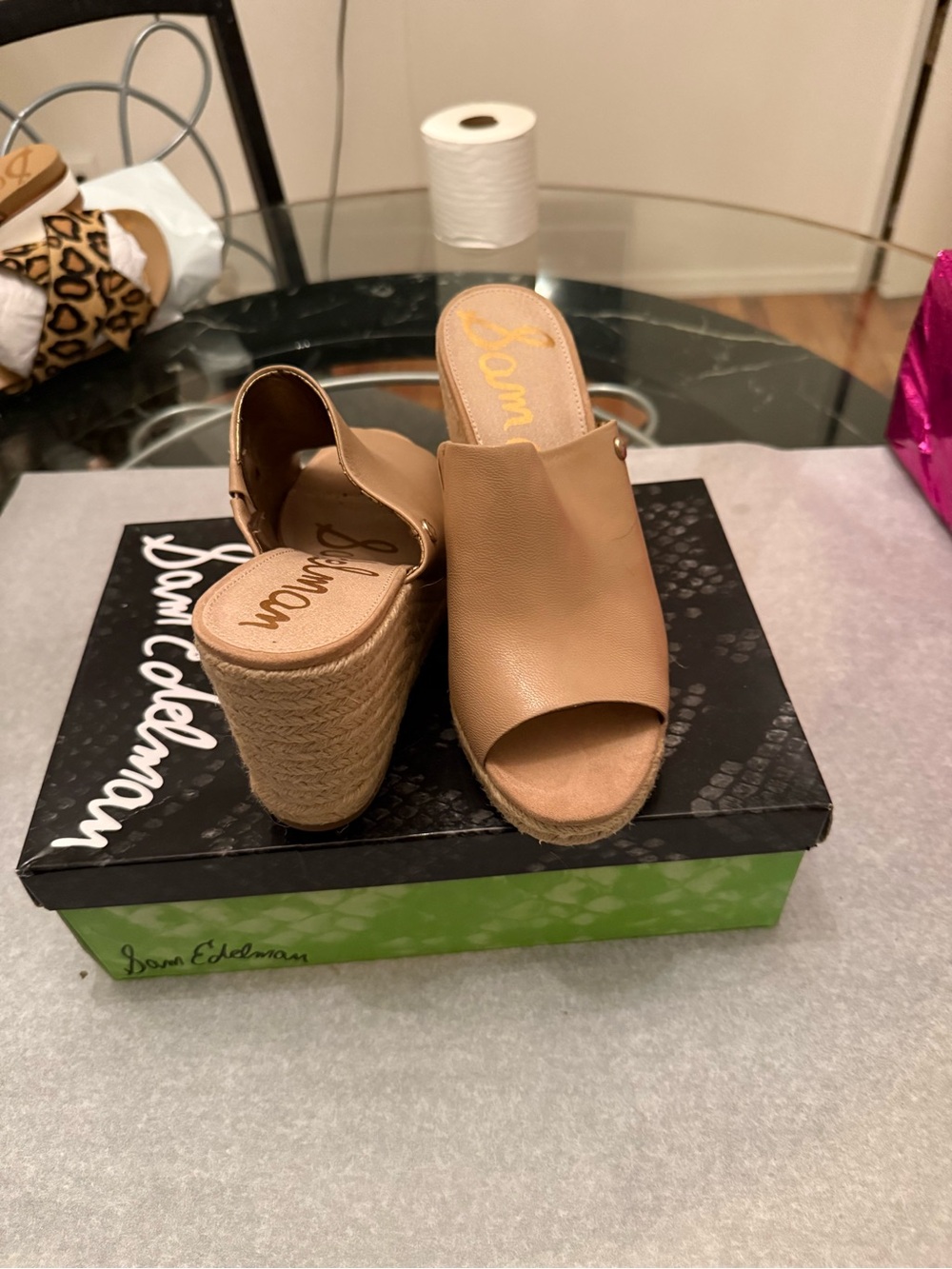 Sam Edelman Nude Tan Peep-Toe Espadrille Wedge Mules